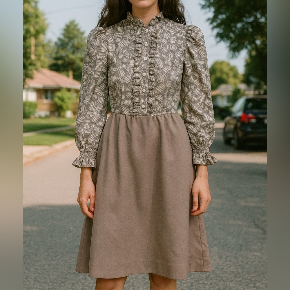 Bobby’s Girl Vintage Ruffle Bodice Dress - Earth Tone Cottagecore